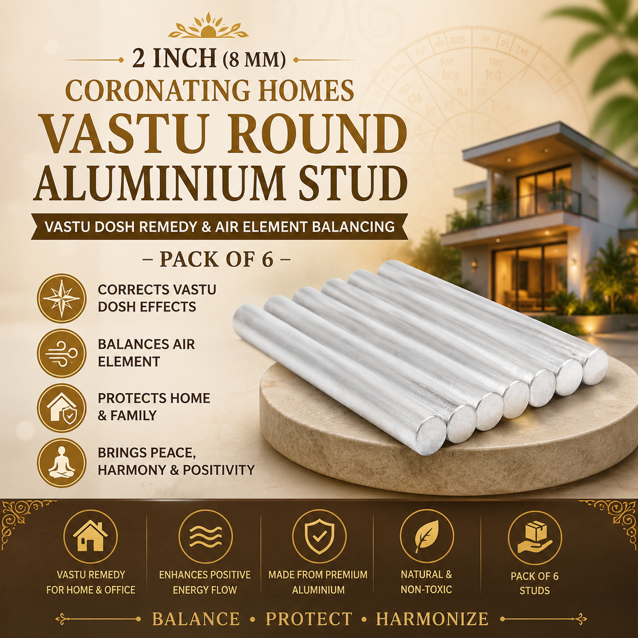 2 Inch (8 mm) CORONATING Homes Vastu Round Aluminium Stud for Vastu Dosh Remedy & Air Element Balancing – Pack of 6