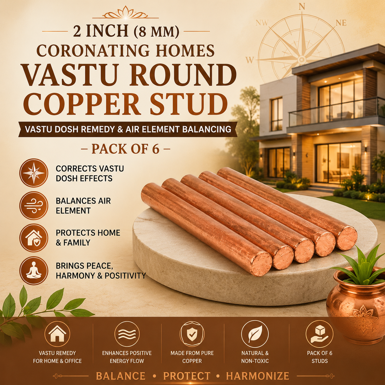 2 Inch (8 mm) CORONATING Homes Vastu Round Copper Stud for Vastu Dosh Remedy & Air Element Balancing – Pack of 6
