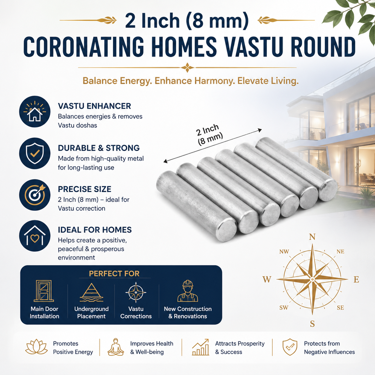 2 Inch (8 mm) CORONATING Homes Vastu Round Stainless Steel Stud for Vastu Dosh Remedy & Air Element Balancing – Pack of 6