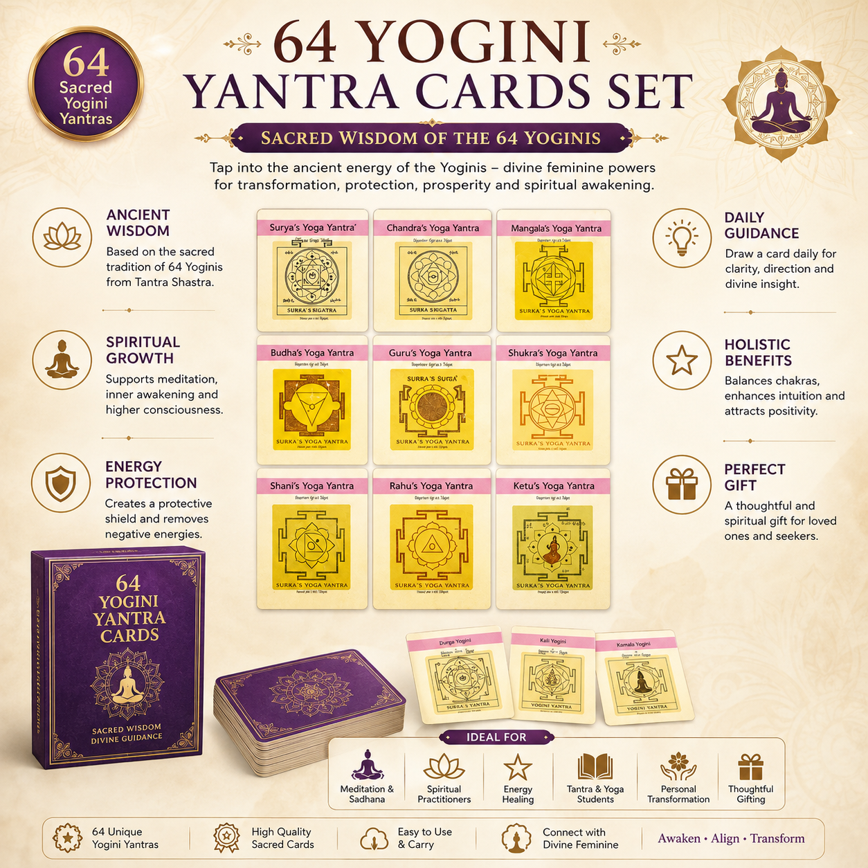 64 Yogini Cards Set | Sacred Yogini Yantra Cards for Spiritual Practice & Energy Work