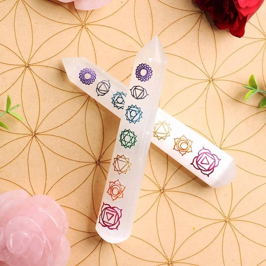 Selenite Chakra Engraved Healing Wand (7 Chakra Balancing Stick)