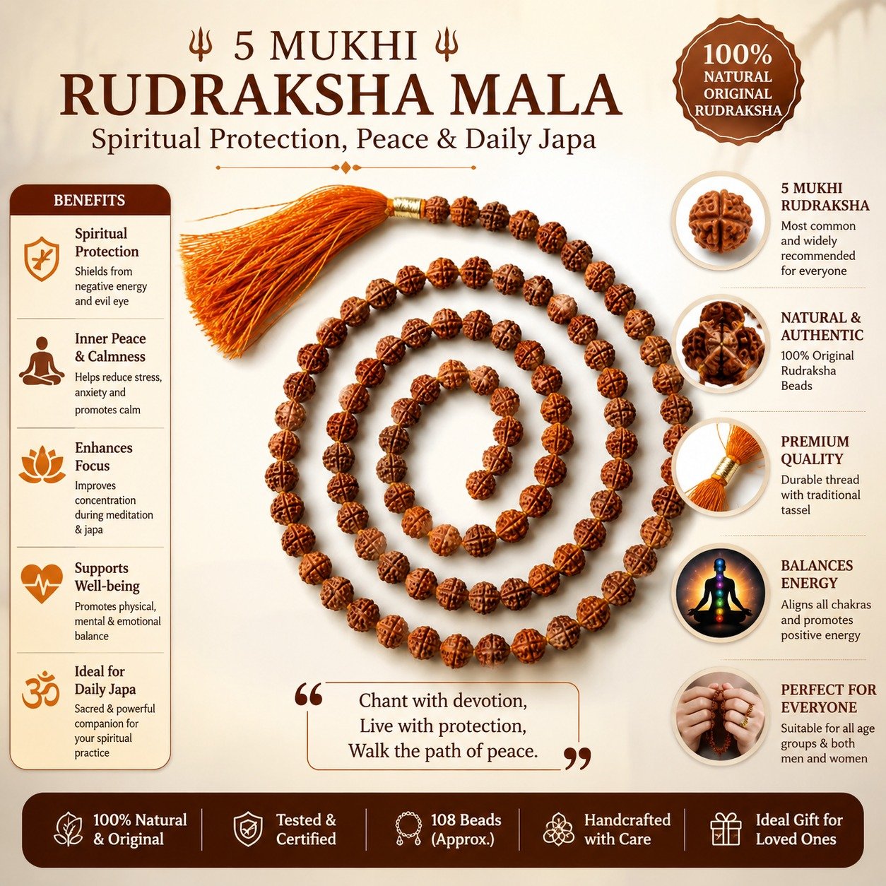 (I) 5 Mukhi Rudraksha Mala String for Spiritual Protection, Peace & Daily Japa