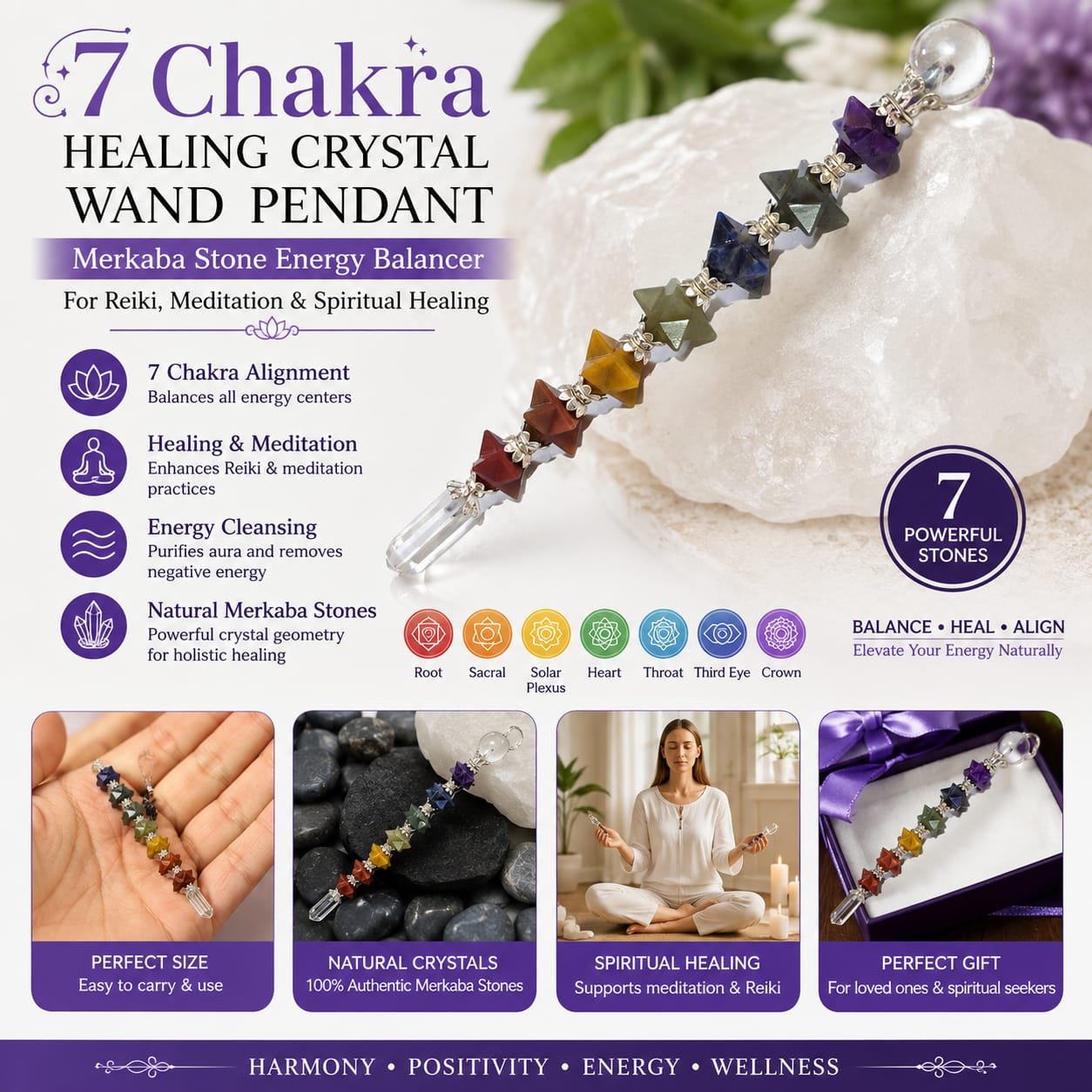 7 Chakra Healing Crystal Wand Pendant | Merkaba Stone Energy Balancer for Reiki, Meditation & Spiritual Healing