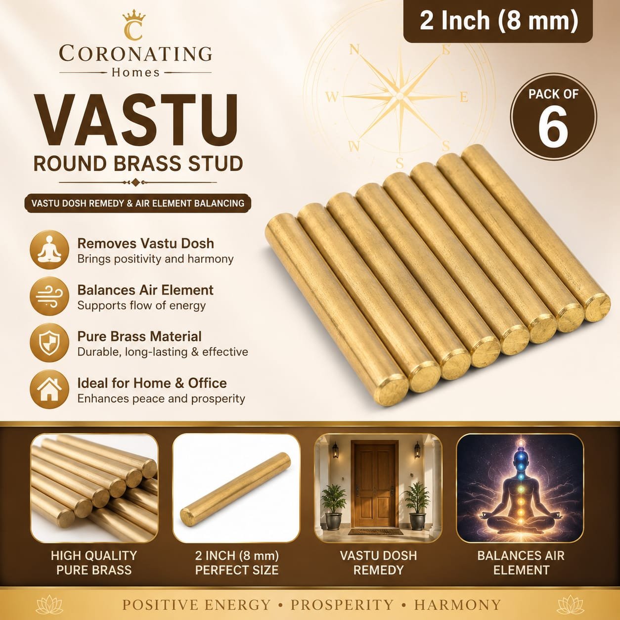 2 Inch (8 mm) CORONATING Homes Vastu Round Brass Stud for Vastu Dosh Remedy & Air Element Balancing – Pack of 6