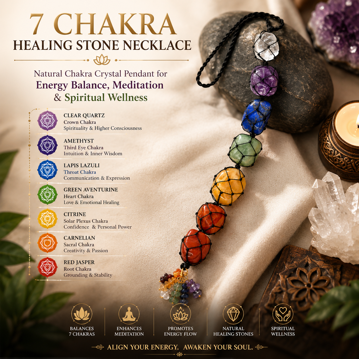 7 Chakra Healing Stone Necklace | Natural Chakra Crystal Pendant for Energy Balance, Meditation & Spiritual Wellness